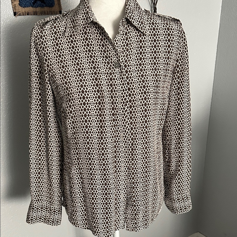 Talbots Brown and White Silk Button Down Shirt